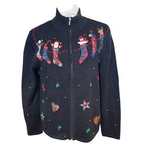 Pappagallo Christmas Cardigan Sz. M Full Zip High Collar Ugly Christmas Sweater